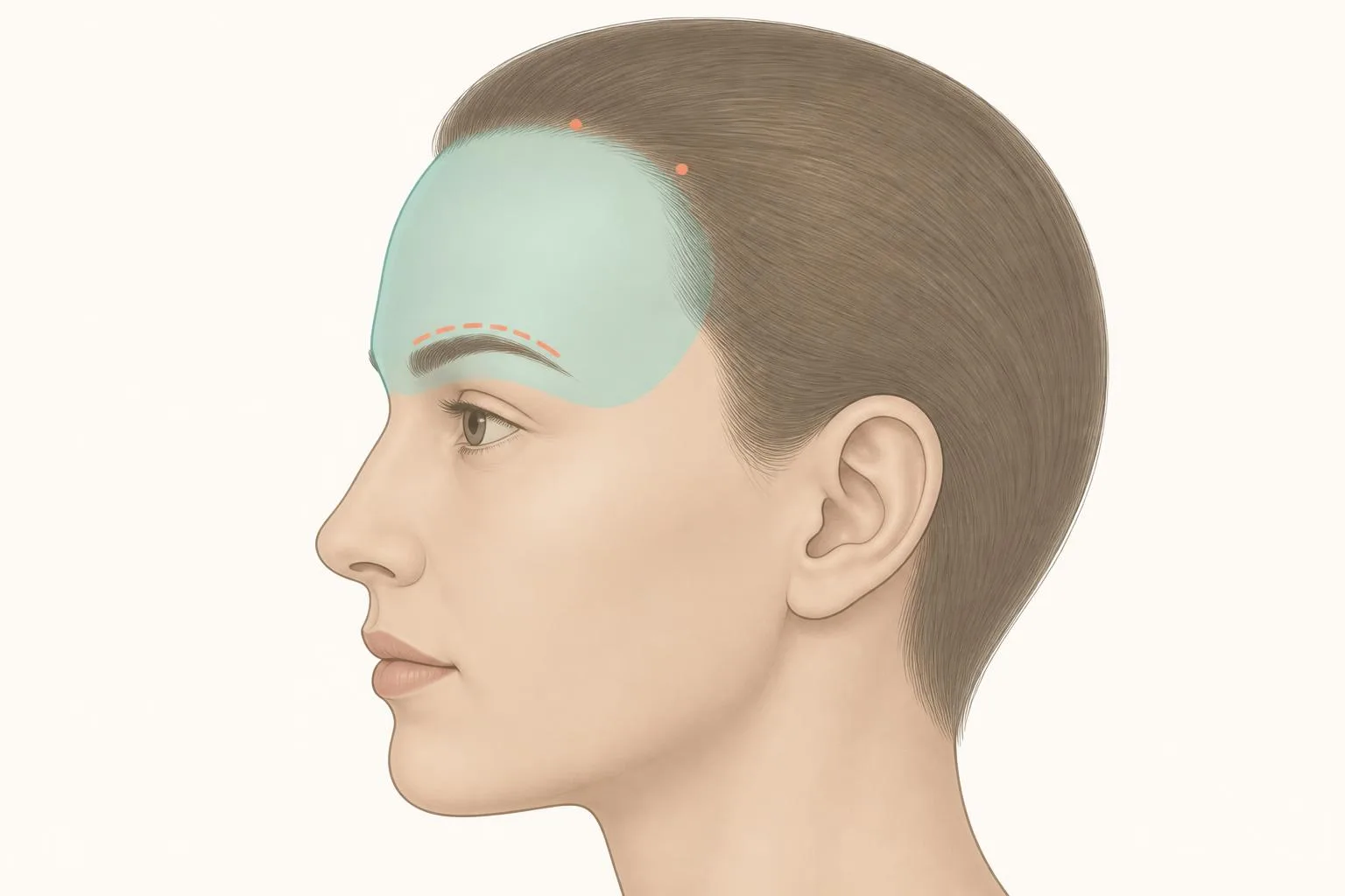 Un diagrama conceptual que muestra la frente y las cejas de perfil en turquesa, las incisiones alrededor de las cejas con líneas de puntos naranjas y el punto de acceso dentro del cuero cabelludo con puntos naranjas.