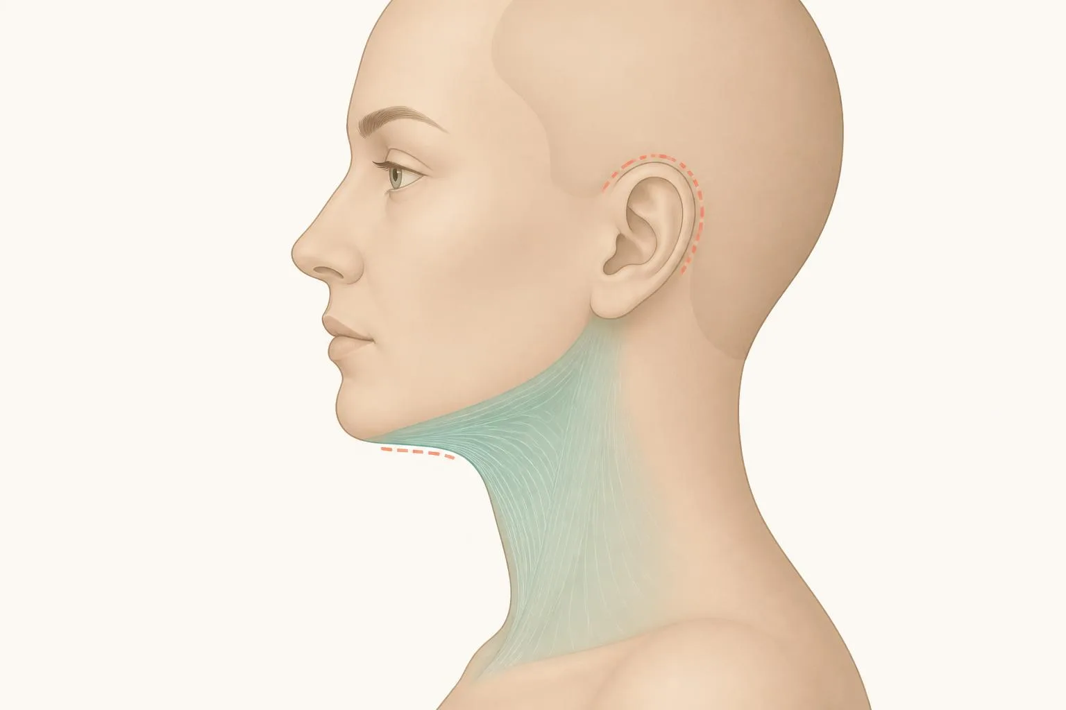 Un diagrama conceptual que muestra el perfil de la cara, con el área debajo de la barbilla y el cuello de color turquesa, y ejemplos de incisiones alrededor de las orejas y debajo de la barbilla mostradas con líneas de puntos de color naranja.